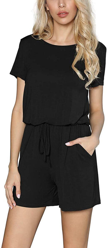 Women's Summer Short Sleeve Rompers Casual Short Pants Jumpsuit with Pockets